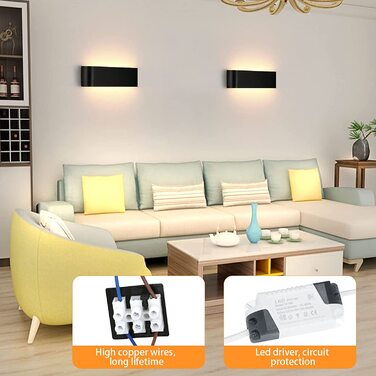 Світильник настінний LED Lightess 16W, чорний, сучасний, алюмінієвий, тепле біле світло, IP44, для вітальні, спальні, коридору
