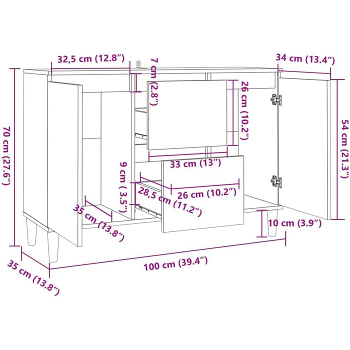 Комод vidaXL з 2 шухлядами і 2 дверцятами, сіро-дубовий Sonoma, 103,5x35x70 см, деревостружкова плита, багатофункціональна тумба для вітальні чи спальні