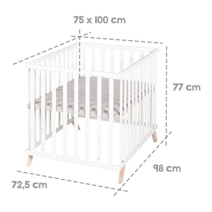Дитячий манеж roba 75x100 см, з матрацом, сірий, дерев'яний, 3-рівневе регулювання, сертифікати GOTS та Oeko-Tex 100