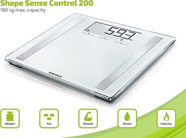 Цифрова вага Soehnle Shape Sense Control 200 для людей з великим LCD-дисплеєм, автоматичне вмикання та вимикання, плоска вага для тіла