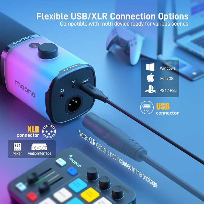 MAONO XLR/USB ігровий динамічний мікрофон з RGB підсвіткою, шумозаглушенням, кнопкою вимкнення звуку та регулятором гучності для подкастів і стрімінгу, з настільною підставкою PD100X