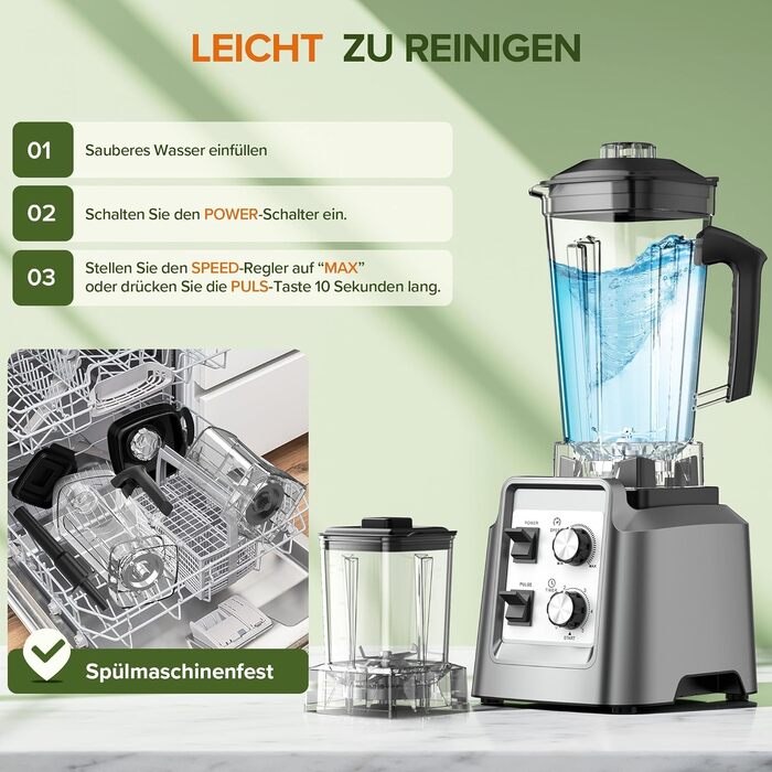 Блендер Teendow Standmixer 1800W зі скляною колбою 2л + кавомолка 600мл, срібний. Для смузі, льоду та заморожених фруктів, без BPA