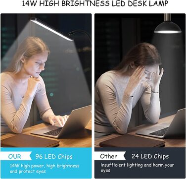 LED настільна лампа BIENSER з кліпсою, 14Вт, гнучкий шнур, 1100Лм, 5 кольорів, 10 рівнів яскравості, диміруєма, захист для очей, для офісу, чорна