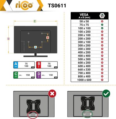 Підставка для монітора RICOO TS0611 - регульована, для 13-32 дюймів, VESA 75x75/100x100