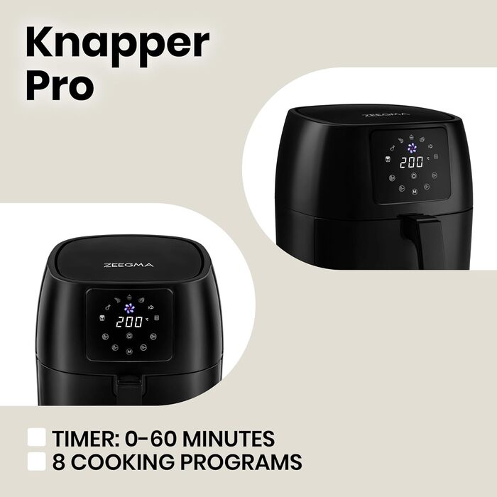 Аерофритюрниця ZEEGMA Knapper Pro Turbo 1400 Вт, 4,5 л, тефлонове покриття, 8 програм, швидке та здорове приготування, чорна