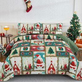 Покривало WONGS BEDDING 240x260 см, стьобане, мікрофібра, комплект 3 предмети: покривало та 2 наволочки 50x75 см, зелений різдвяний малюнок ялинка та олень, для двоспального ліжка