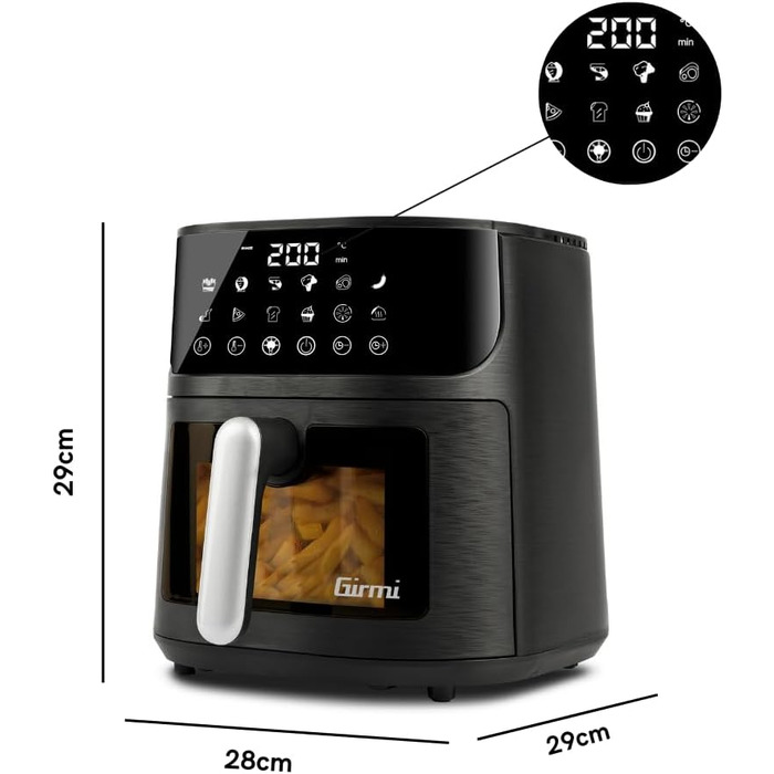 Аерофритюрниця Girmi FG26 Ecofrit Bis з двома зонами приготування, 9 л, 2400 Вт, цифровий дисплей, антипригарне покриття, BPA/PFOA Safe, чорний/сріблястий