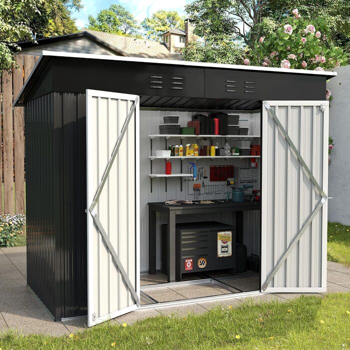 Садовий будинок UDPATIO металевий 4 м³ 228x121x181 см для двору, гараж для велосипедів, оцинкована сталь, двері з замком, темно-сірий