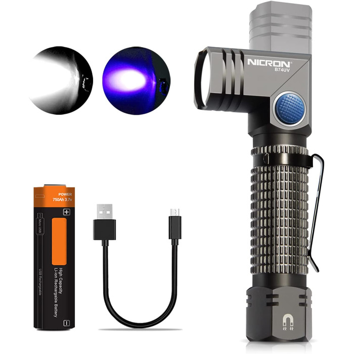 NICRON UV ліхтарик LED, 700 люмен, 90°, акумуляторний, 395нм, магніт, детектор плям сечі собак і котів, B74UV, білий та ультрафіолетовий світло