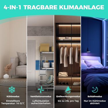 Мобільний кондиціонер HAUSHOF 9000 BTU 4-в-1: охолодження, осушення, вентиляція, нічний режим – для кімнат до 30 м² з комплектом ущільнювачів для вікна