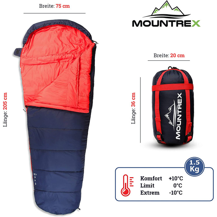 Спальний мішок MOUNTREX мумія 3 сезони, 1500 г, ультралегкий, компактний, для кемпінгу, подорожей та фестивалів, темно-синій/червоний, утеплений, з'єднуваний, правий замок