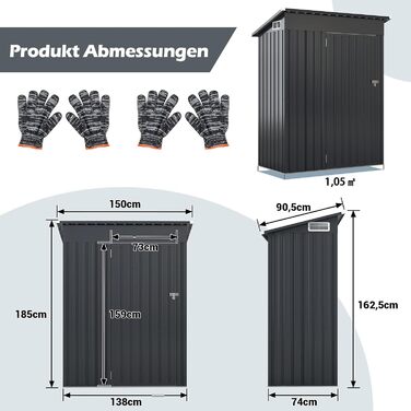 Металевий садовий будиночок COSTWAY 150x90,5x185 см, 1,5 м³, з похилим дахом та дверями, замикається - сірий