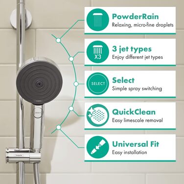 Душова лійка Hansgrohe Pulsify Select S з 3 режимами розпилення (PowderRain та масажний), антивапнясте покриття, хром, 105 мм