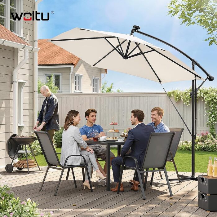 Прямокутна парасолька від сонця WOLTU 300 см з сонячними LED-ліхтарями, поворотна на 360°, захист UPF 50+, бежева, для тераси, балкона та саду