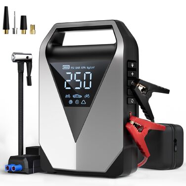 Пусковий пристрій Powerbank з компресором 6в1, бустер для авто 3000А 150PSI для 12В акумуляторів, автозапуск з LCD-екраном, QC3.0 та LED-ліхтарем (для всіх бензинових та дизельних двигунів до 8л)