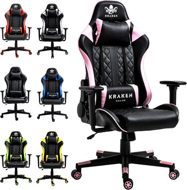 KRAKEN Gaming крісло для геймерів, ергономічне комп'ютерне крісло з 3D підлокітниками, регульоване, з підголівником і поперековою подушкою, штучна шкіра, чорне-рожеве