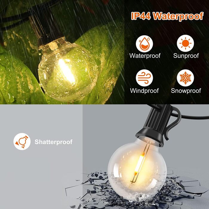 LED гірлянда для вулиці з пультом керування, 15м, G40, диммування, 4 режими, таймер, вологостійка, для саду, балкону, тераси, вечірки, кемпінгу, весілля