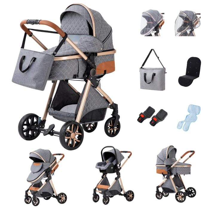 Дитяча коляска Glokid 3 в 1, комбінована коляска з функцією подорожей, включає пеленальний ящик, москітна сітка, дощовик, теплий мішок, складна, положення для лежання, висока позиція (LV9 Сірий)