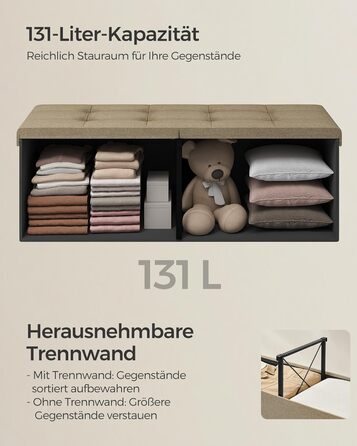 Складана банкетка SONGMICS з місцем для зберігання, 110×38×38 см, кришка на петлях, навантаження до 300 кг, для передпокою, вітальні, спальні, колір кемел