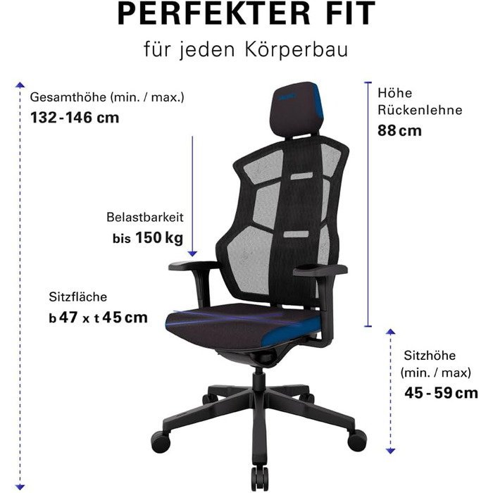 Ігрове крісло RECARO AER Essential, ергономічне, преміум-піна, регульоване, до 150 кг, синє, для офісу та геймінгу