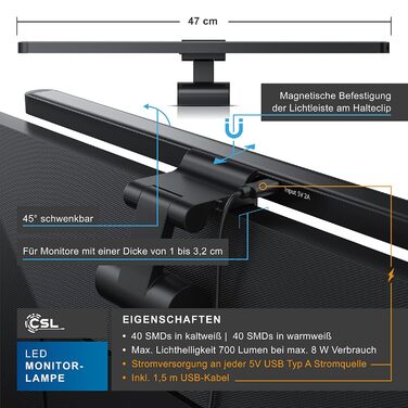 LED-лампа для монітора CSL Screenbar USB з пультом дистанційного керування, регулювання яскравості, 3 колірні температури, захист очей, поворотна