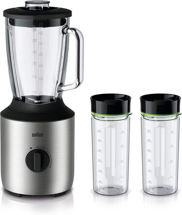 Блендер Braun PowerBlend 3 JB 3272, 1,5 л, скляна чаша, 800 Вт, нерж. сталь/чорний, з 2 пляшками Smoothie2Go, кухонний міксер для подрібнення, пюрування та змішування