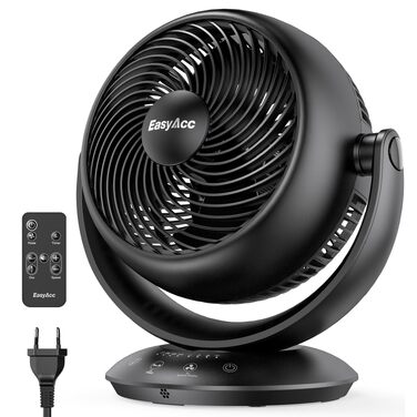 Вентилятор настільний EasyAcc тихий 25дБ з автоколиванням 90°, 3D-турбо, пульт, 3 швидкості, таймер 2-12 год, чорний