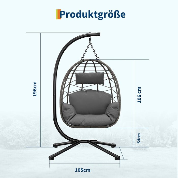 Підвісне крісло-гойдалка з металевим каркасом, ротанг, 150 кг, для саду, тераси, балкону, сіре