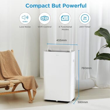 Мобільний кондиціонер Midea Silent Cool 26 Pro WF 9000 BTU, 2,6 кВт, для приміщень до 33 м², охолодження, вентиляція, осушення, з Wi-Fi, керування через додаток, Alexa, Google Home, IFTTT, з відвідним шлангом