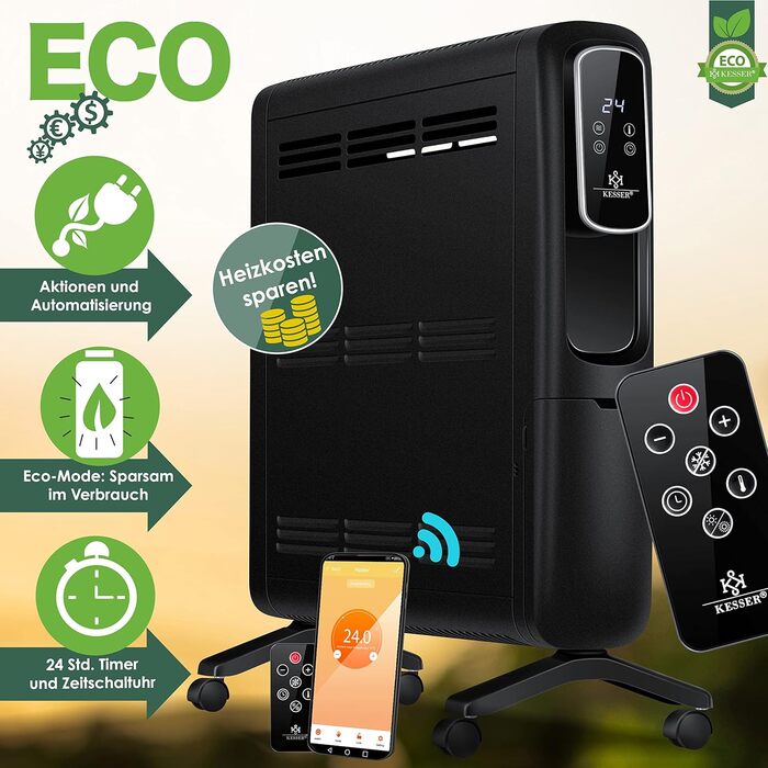 Електричний конвектор KESSER ECO 2500Вт з WiFi, термостатом, сенсорним дисплеєм, таймером, чорний, енергоощадний радіатор з додатком та пультом ДУ