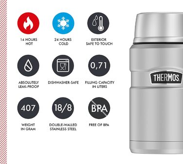 Термос для їжі Thermos STAINLESS KING 0,71 л з нержавіючої сталі, зберігає тепло 14 годин і холод 24 години, герметичний, великий харчовий контейнер для супу, мюслі, страв, підходить для миття в посудомийній машині, без ложки