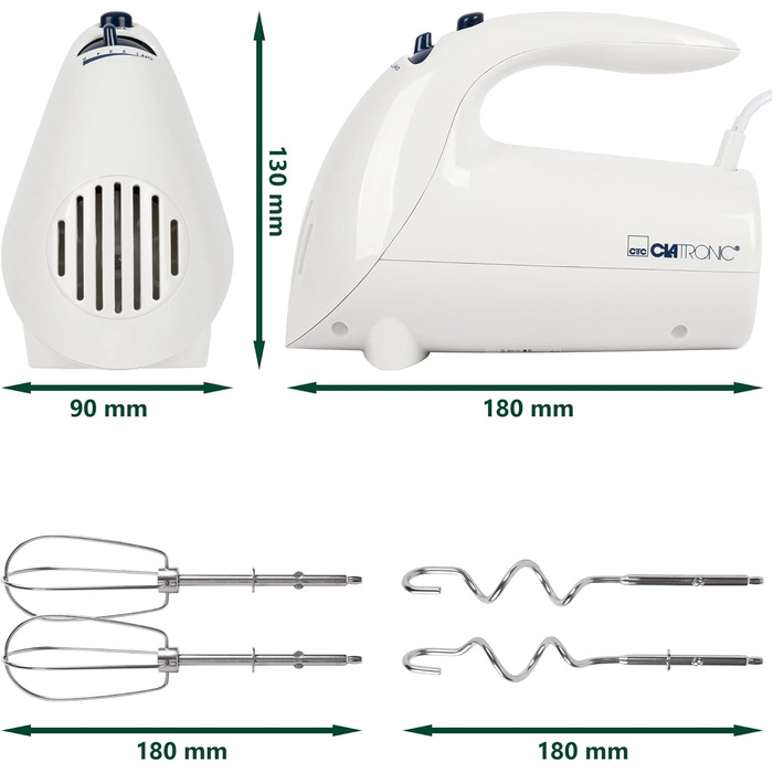Ручний міксер Clatronic HM 3014, 250 Вт, 5 швидкостей, білий, нержавіюча сталь, для тіста та крему, з кнопкою викиду, придатний для миття в посудомийній машині