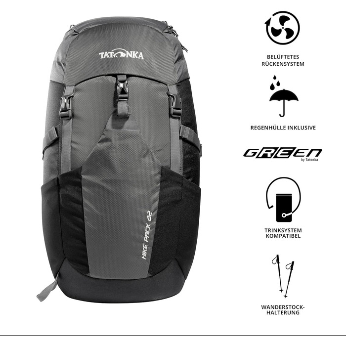 Рюкзак для походів Tatonka Hike Pack 22 л з вентиляцією спини та дощовиком, легкий і зручний туристичний рюкзак, сірий/чорний