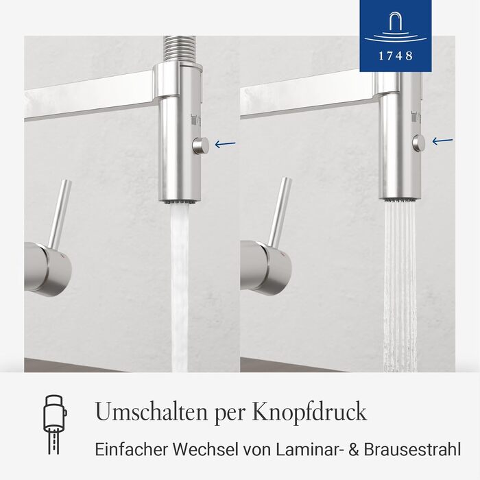 Змішувач кухонний Villeroy & Boch Steel Expert Compact, нержавіюча сталь, з висувним гусаком та перемикачем режимів, для мийки, економія води