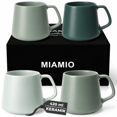 Набір керамічних чашок для кави та чаю MIAMIO Luxe Collection (4 шт, 420 мл) — великі чашки для капучино та еспресо, підходять для мікрохвильової печі та посудомийки, колір Evergreen