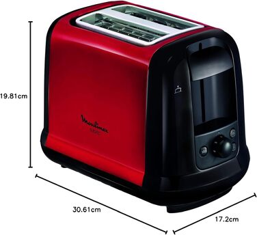 Тостер Moulinex LT261D Subito, 850 Вт, 2 слоти, червоно-чорний, з підставкою для булочок, регульовані ступені підсмажування, розморожування та підігрів
