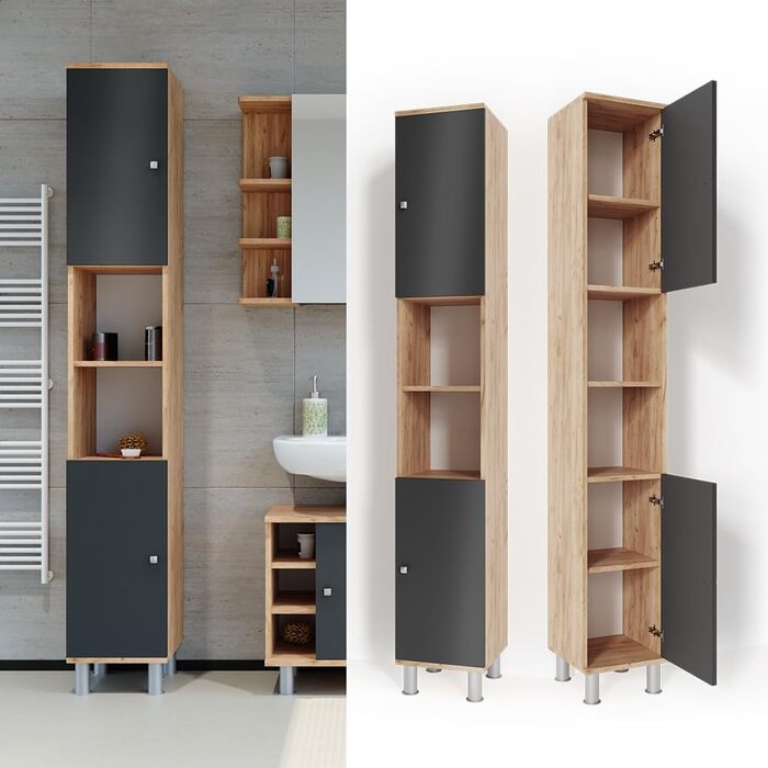 Високий шафа для ванної Vicco Fynn, антрацит/золотий дуб, 30x190 см