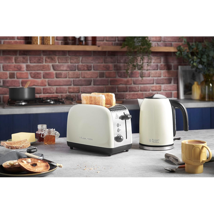 Тостер Russell Hobbs Colours Plus Edelstahl Creme на 2 тости, нержавіюча сталь - з підставкою для булочок, 6 режимів підсмажування, розморожування, Lift & Look, 1600 Вт
