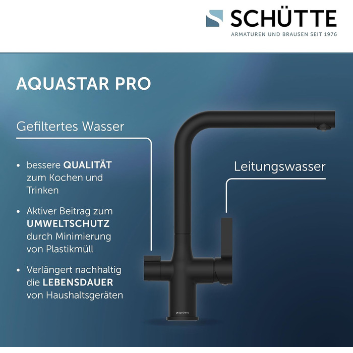 Кухонний змішувач SCHÜTTE 99805 AQUASTAR PRO 3-в-1 з системою фільтрації води від вапна та важких металів, чорний