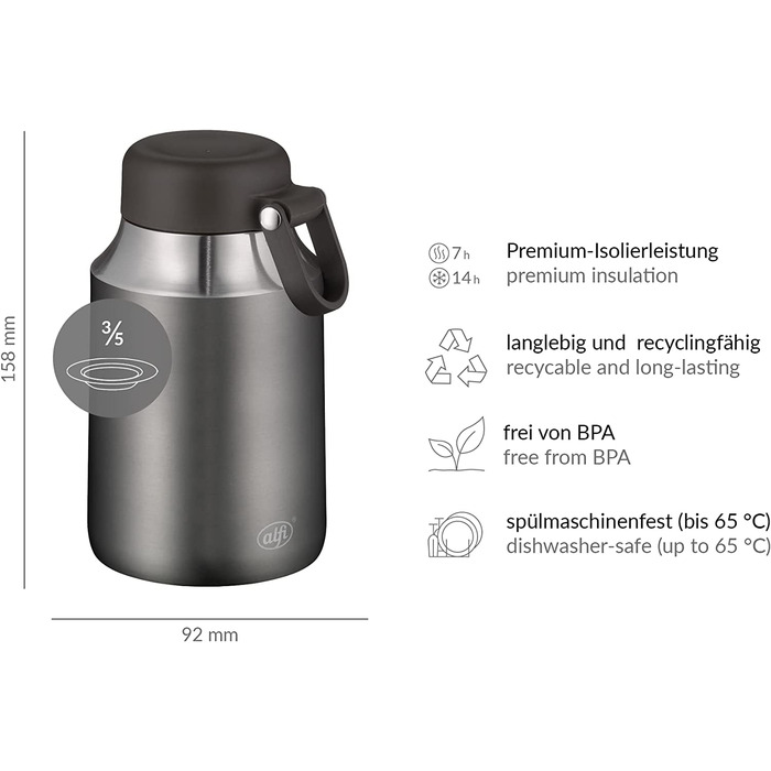 Термоконтейнер для їжі alfi CITY FOOD MUG 470 мл, нержавіюча сталь, ізольований, для супів, салатів, мюслі, зберігає тепло до 7 годин, холод до 14 годин, без BPA, можна мити в посудомийці, колір сірий