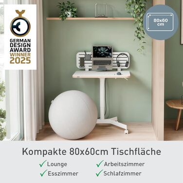 Ергономічний електричний стіл Leitz Ergo Compact 80x60 см для офісу та дому, білий - регульована висота, навантаження до 80 кг, з нагадуванням про зміну положення