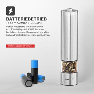 Електрична млинка для перцю та солі Clatronic PSM 3004 N, нержавіюча сталь, керамічний механізм, регульований помел, з підсвічуванням