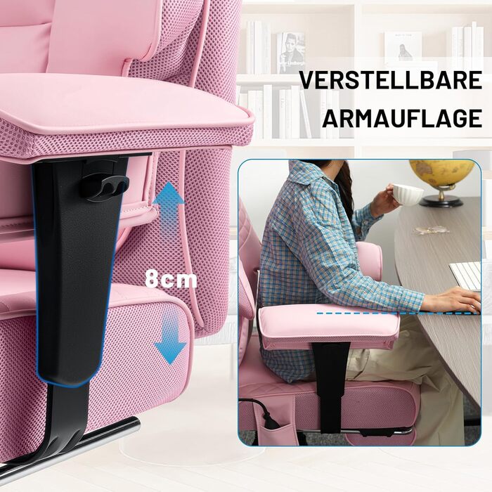 Офісний крісло HOFFREE Ergonomiczne для керівника, 220 кг, з підставкою для ніг, регульованою поперековою підтримкою, регульованою висотою підголівника, PU шкіра, чорне (рожева шкіра)