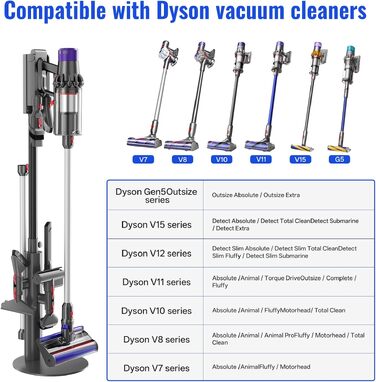 Підставка для пилососа Nukisa, сумісна з Dyson V15, V12, V11, V10, V8, V7 — металевий настінний тримач для бездротового пилососа та аксесуарів, розсувна полиця для насадок