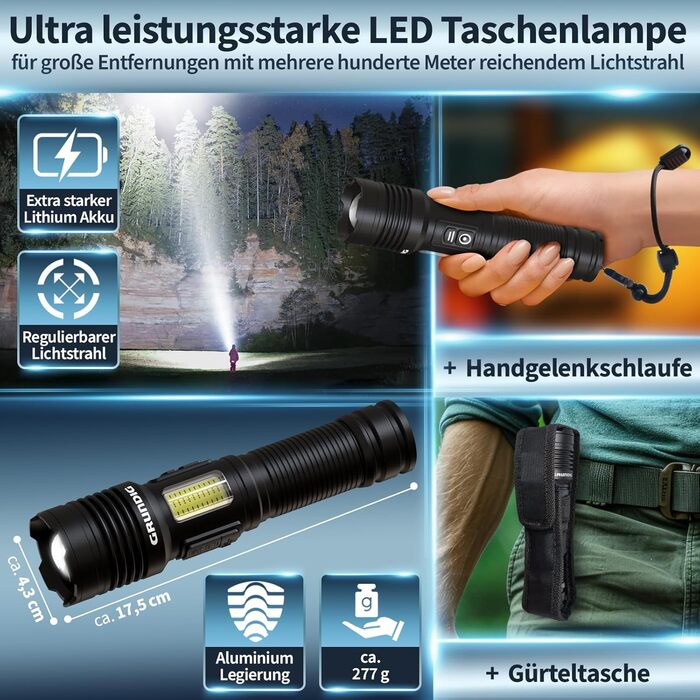 Ліхтарик GRUNDIG LED акумуляторний, надяскравий, з іонною технологією, аварійною USB-зарядкою, додатковим робочим світлом, міцний алюмінієвий корпус, потужний Li-акумулятор
