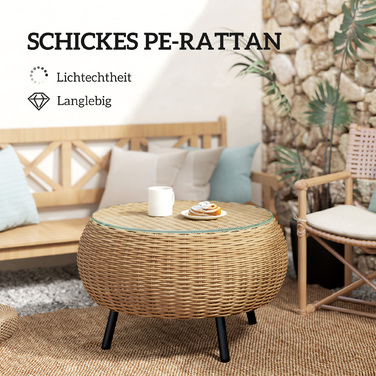 Outsunny Poly Rattan Бічний столик Круглий журнальний столик Журнальний столик зі скляною стільницею Балконний стіл Садовий стіл Диванний стіл Чайний столик Ротанговий стіл для саду Патіо Балкон, Ø75 x 42 см Коричневий