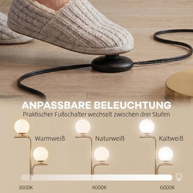LED-торшер у золотому кольорі, сучасна лампа зі скляними плафонами-кулями, 3 режими колірної температури та ножним вимикачем