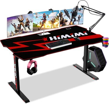 Ігровий стіл Himimi 160x75 см, ергономічний, T-подібний, з підсвіткою, для геймерів, з органайзером для кабелів та тримачем для навушників (Чорний)
