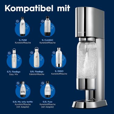 Сифон для газування води SodaStream ENSO з пляшкою 1л та циліндром CO2, сріблястий
