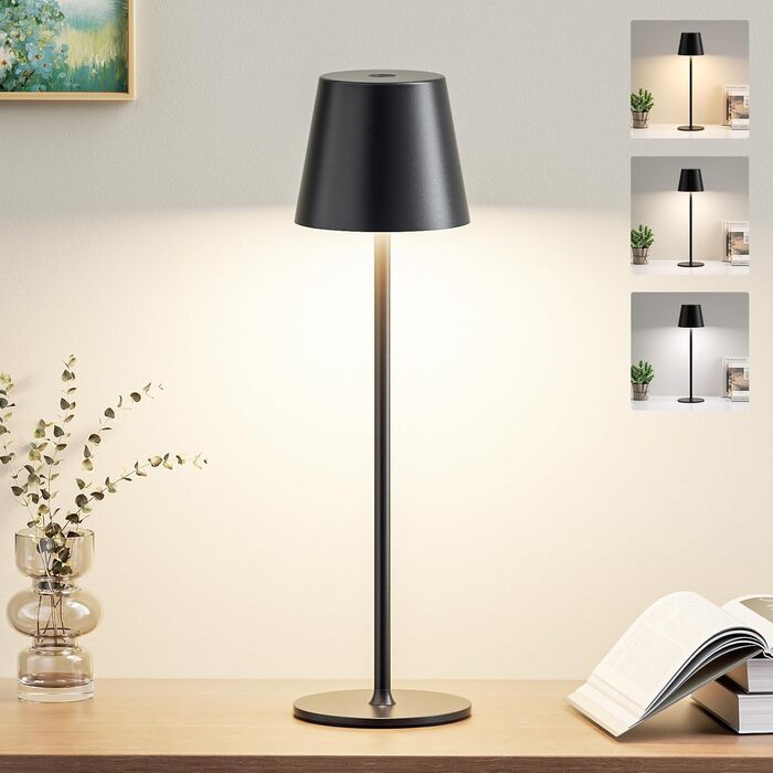 LED настільна лампа бездротова з акумулятором, 3 колірні температури, регулювання яскравості, сенсорне управління, USB-C зарядка, для дому та кемпінгу (чорна)